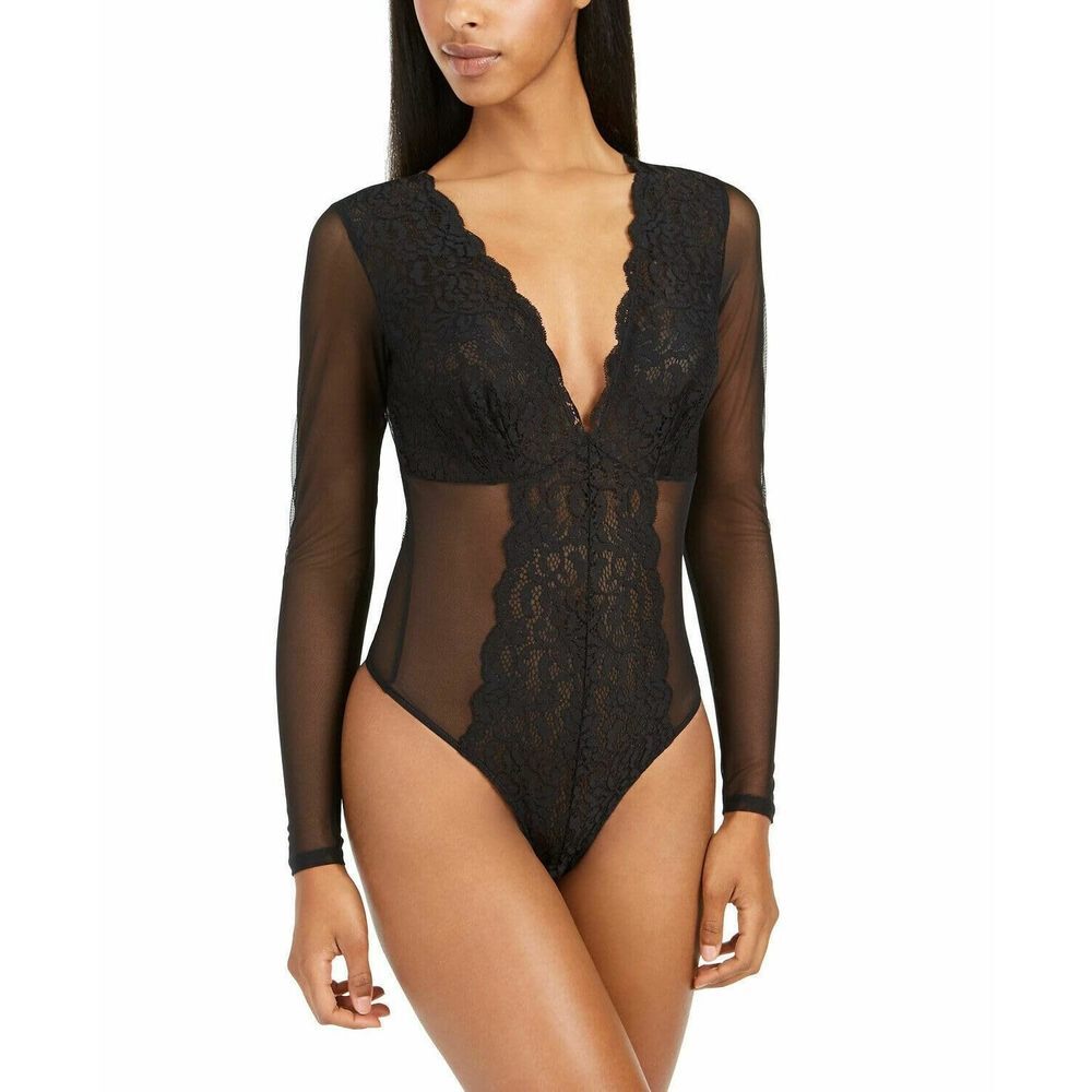 International Concepts INC Not So Basic Long Sleeve Lace Mesh Bodysuit M Medium